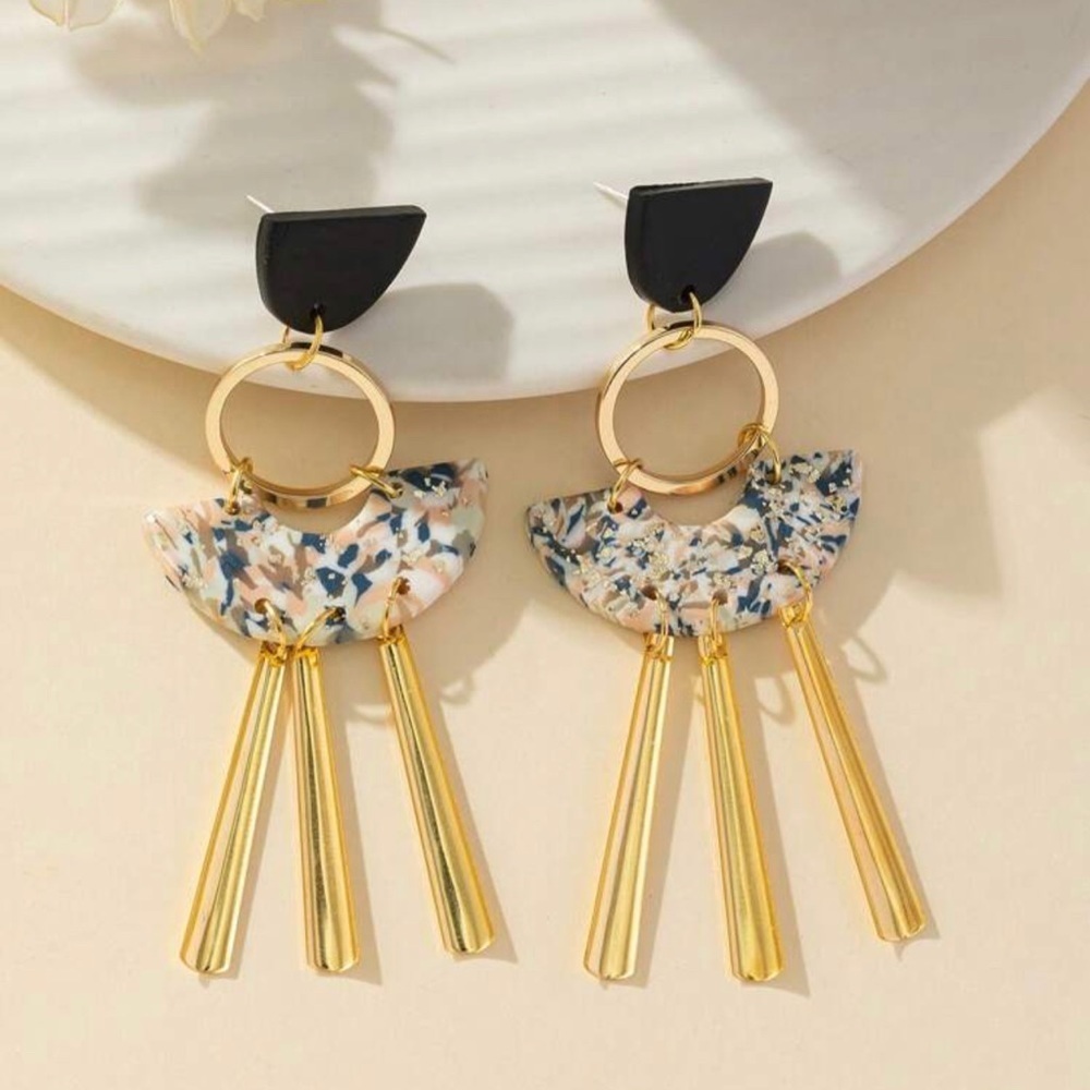2/$30🌵 Gold Tone Hoop Tassel Speckled Polymer Clay Long Earrings Boho NEW